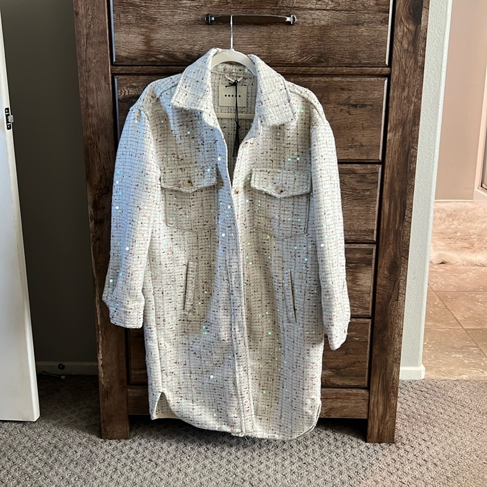 Blank NYC Grand Entrance Shirt Jacket, iridescent sequins and functional pocket